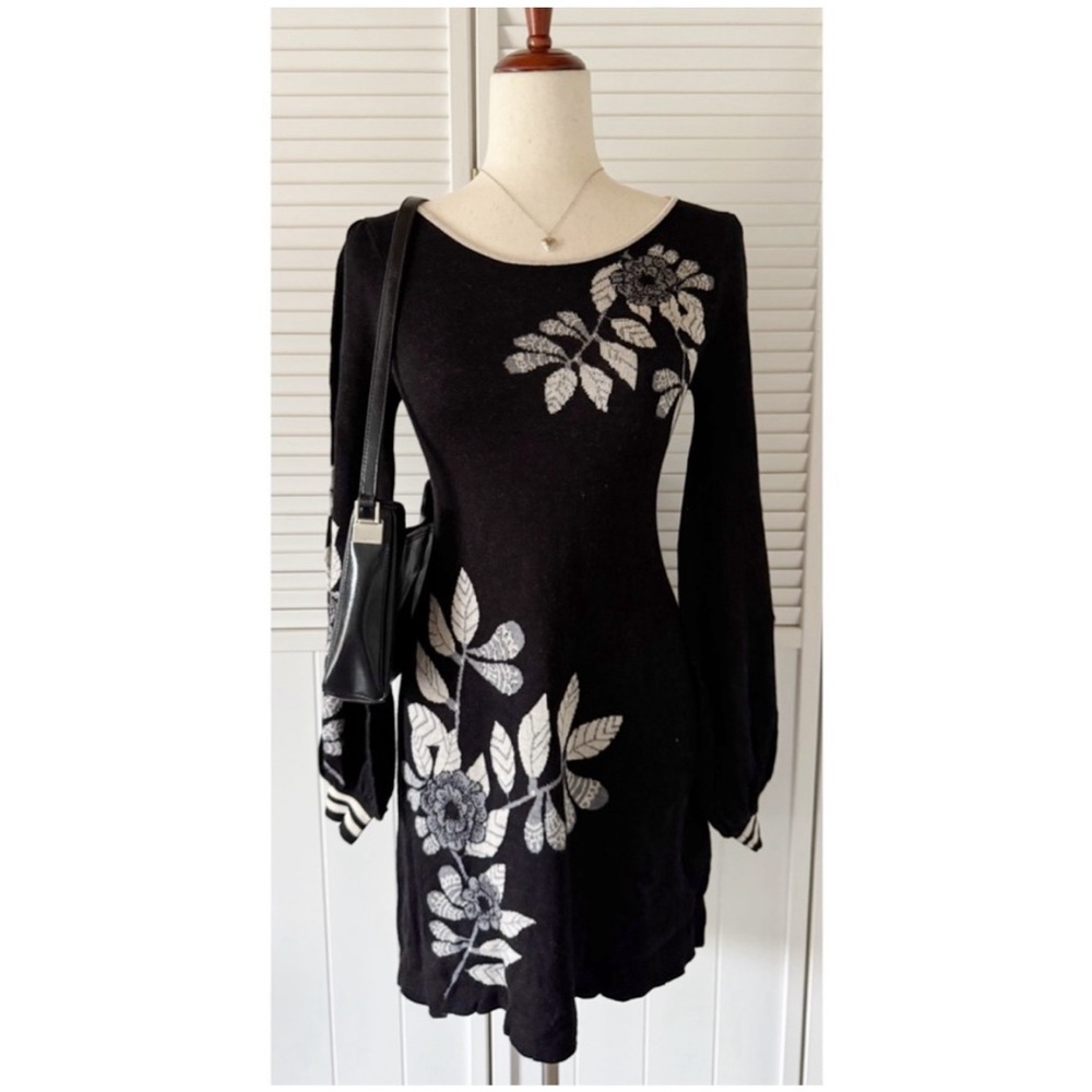 Max Studio Black Floral Knitted Sweater Long Sleeve Dress